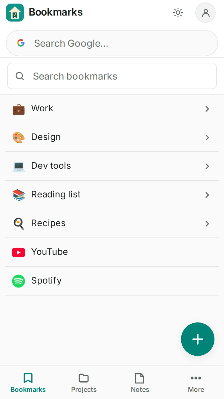 NookMarker on a phone: bookmark folders in a list, a round add button, and a Bookmarks, Projects, Notes and More bar along the bottom.