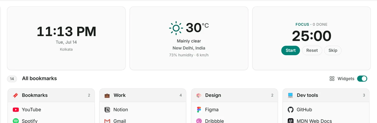 The top of the NookMarker tab: a clock, a weather card and a focus timer, with a switch beside them that turns the whole row off.